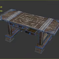 Decorative Wooden Table With Carved Patterns Blue Strips Drawer And Carved Legs