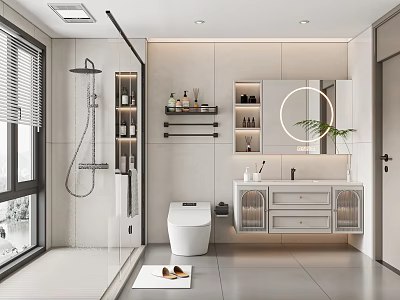 Modern Bathroom Interior Design With Glass Shower White Toilet Vanity And Round Mirror 3d model