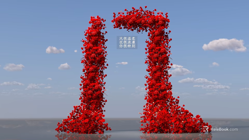 Red Flower Covered Art Installation With Tall Columnar Structures Against Blue Sky 3d model 