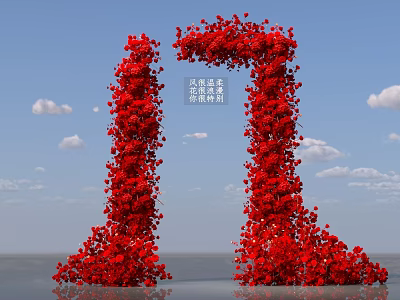 Red Flower Covered Art Installation With Tall Columnar Structures Against Blue Sky 3d model