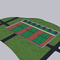 Beautiful Park Landscape Featuring Multiple Tennis Courts Green Surfaces Red Ground And Trees