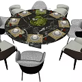 Modern Round Dining Table With Marble Top And Gray Brown Patterned Chairs Central Green Plant 3d model
