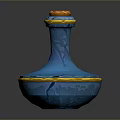 Decorative Blue Glass Bottle With Orange Lid And Golden Trim For Home Use