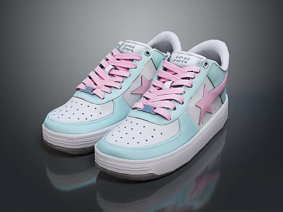 Casual Light Blue And White Sneakers With Pink Laces And Star Logo 3d model