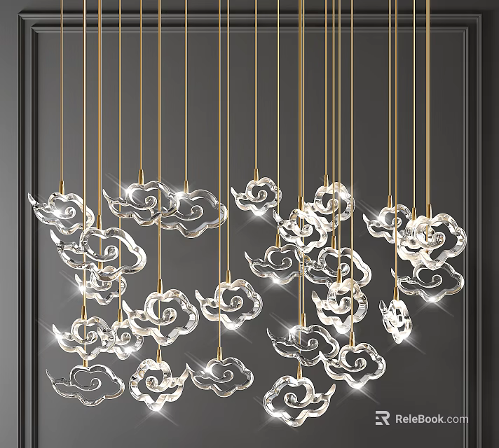 Crystal Pendant Light with Cloud Shaped Pendants on Golden Hanging Chains for Modern Elegant Interior 3d model 