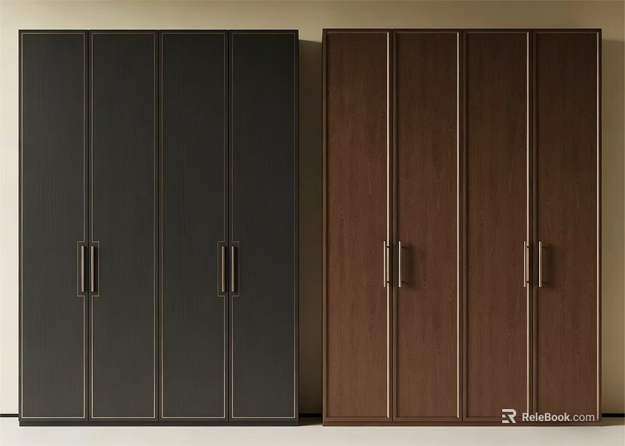 Modern Black and Brown Wardrobes with Four Doors and Metal Handles 3d model 