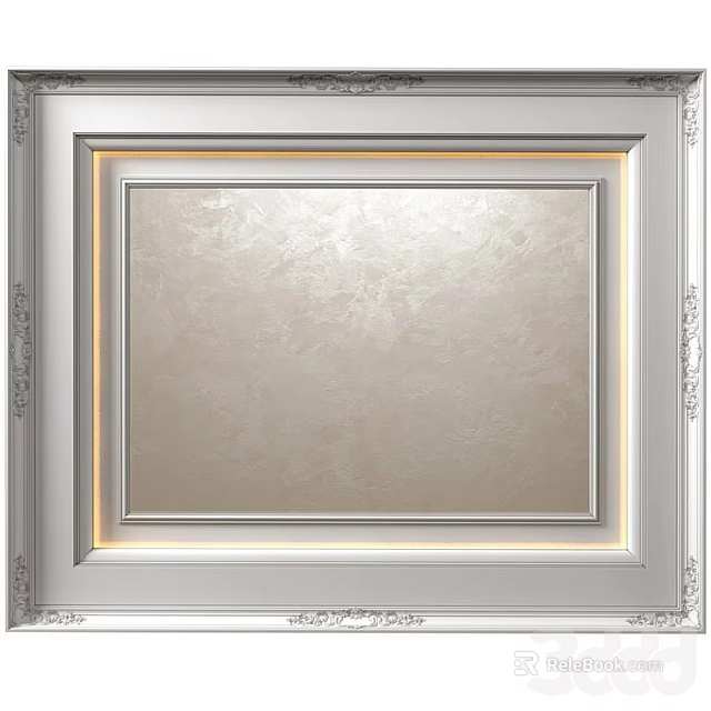 Elegant Decorative Ceiling Design with Silver Frame Beige Textured Surface and Recessed Lighting 3d model 