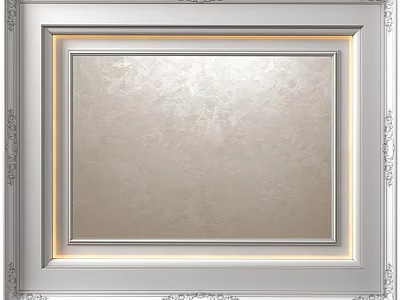Elegant Decorative Ceiling Design with Silver Frame Beige Textured Surface and Recessed Lighting 3d model