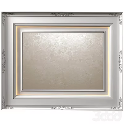 Elegant Decorative Ceiling Design with Silver Frame Beige Textured Surface and Recessed Lighting 3d model