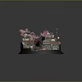 Ancient Architecture Model With Traditional Houses Cherry Blossom Trees Small Bridges Stream And Stone Pavement