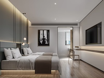 Modern Minimalist Hotel Room Interior With King Bed Pendant Lamps And Wall Art 3d model