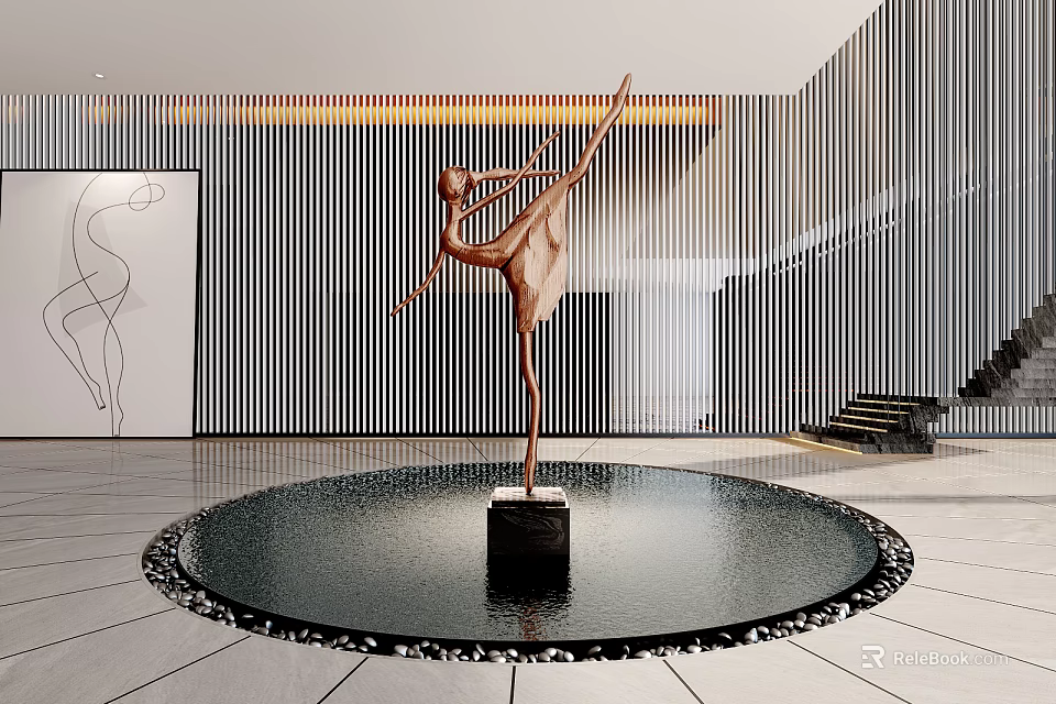 Bronze Colored Dancer Sculpture In Modern Interior With Circular Base And Polished Floor 3d model 