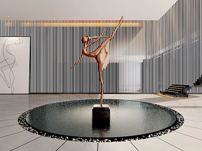 Bronze Colored Dancer Sculpture In Modern Interior With Circular Base And Polished Floor 3d model