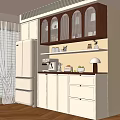 Modern Cream Sideboard With Upper Glass Arched Cabinets Countertop Appliances And Warm Lighting