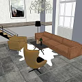 Modern Living Room Brown Sofa Coffee Table Set With Yellow Armchair Chandelier