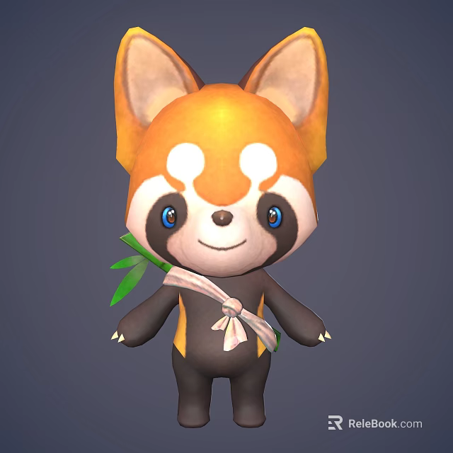 Cute Cartoon Red Panda Character With Orange White Head Blue Eyes And Bamboo 3d model 
