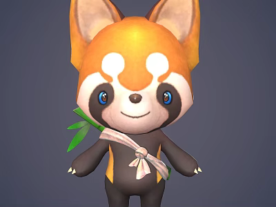 Cute Cartoon Red Panda Character With Orange White Head Blue Eyes And Bamboo 3d model
