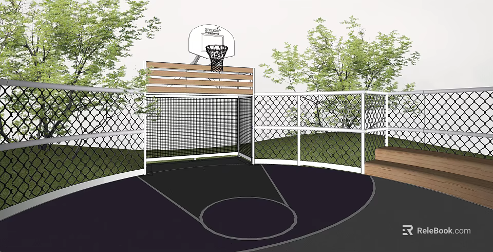 Outdoor Basketball Court With Wooden Backboard Hoop White Fence And Green Trees 3d model 