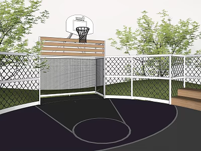 Outdoor Basketball Court With Wooden Backboard Hoop White Fence And Green Trees 3d model