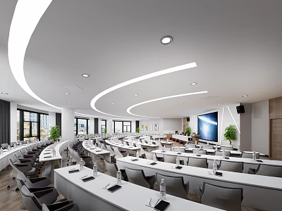 Modern Conference Room Interior Design With Tiered Seating Large Screen Curved Lights And Green Plants 3d model