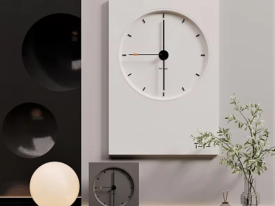 Stylish Musical Instruments And Art Supplies Near Wall Clock Circular Decor And Green Plant 3d model