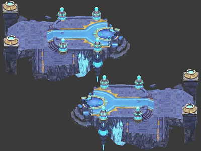 Cartoon Scene With Symmetrical Platforms Blue Glowing Structures Icicles Golden Tops And Circular Areas 3d model