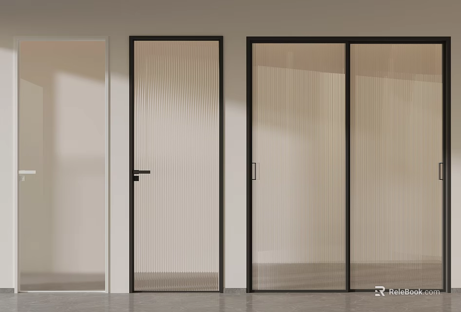 Modern Interior Glass Doors With Black White Frames And Ribbed Transparent Panels 3d model