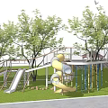 Playground Equipment with Slide Circular Platforms Trees and Colorful Climbing Structures on Grass