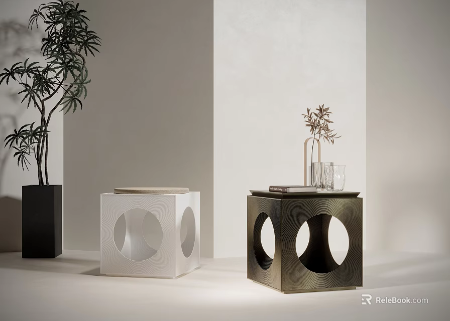 Modern Side Tables With Circular Cutouts White And Metal Finish Decorative Plants Books Vase 3d model 