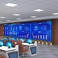 Modern Monitoring Room Interior With Large Screen Multiple Computer Monitors and Control Desks