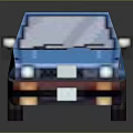 Pixel Art Blue Retro Car With Colorful Stripes And White Wheels