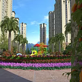Lush Garden Landscape With Flowers Trees Pergola And Playground In Residential Area