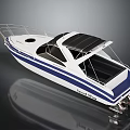Modern Blue and White Yacht with Black Canopy Sea Voyager and Outboard Engines