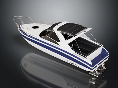 Modern Blue and White Yacht with Black Canopy Sea Voyager and Outboard Engines 3d model