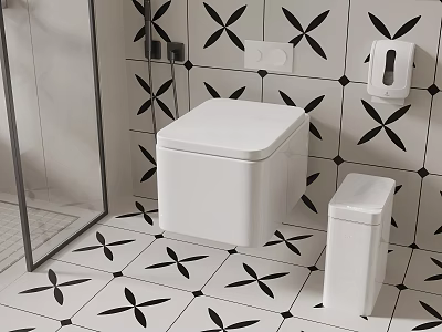 White Toilet in Modern Bathroom with Black Floral Tile and White Trash Bin Accessories 3d model