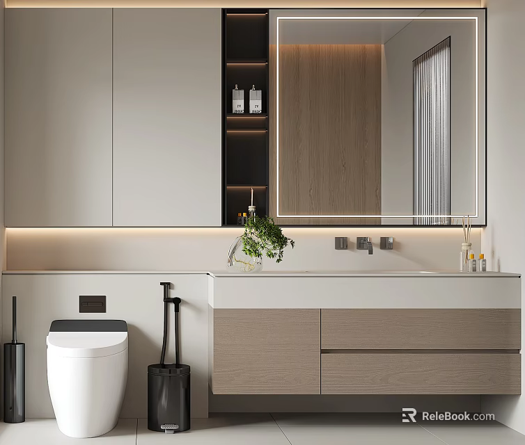 Modern Bathroom Vanity Cabinet With Mirror Sink Plant And Lighting Design 3d model 