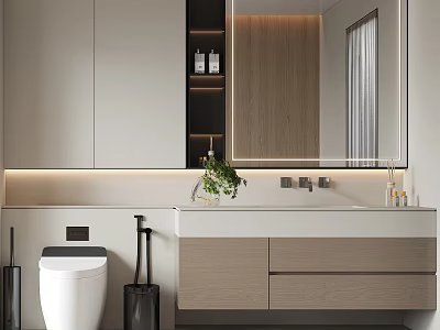 Modern Bathroom Vanity Cabinet With Mirror Sink Plant And Lighting Design 3d model