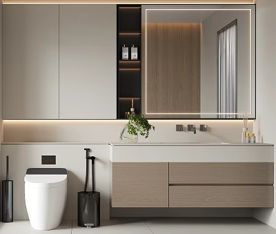Modern Bathroom Vanity Cabinet With Mirror Sink Plant And Lighting Design 3d model