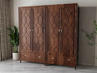 Dark Brown Wooden Wardrobe with Carved Patterns Four Doors Drawers and Indoor Potted Plant 3d model