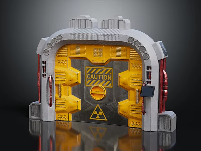 Industrial Secure Door With Yellow Panels Gray Frame Caution Sign And Radioactive Symbol 3d model