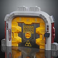 Industrial Secure Door With Yellow Panels Gray Frame Caution Sign And Radioactive Symbol