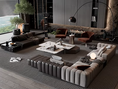 Modern Living Room Sofa and Coffee Table Set with Marble Table Floor Lamp Plants and Fireplace 3d model