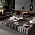 Modern Living Room Sofa and Coffee Table Set with Marble Table Floor Lamp Plants and Fireplace