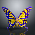 Vibrant Blue and Yellow Butterfly with Spotted Wings on Gray Background and Reflection Below 3d model