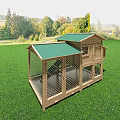 Wooden Chicken Coop In Green Grassy Field With Trees Background Landscape