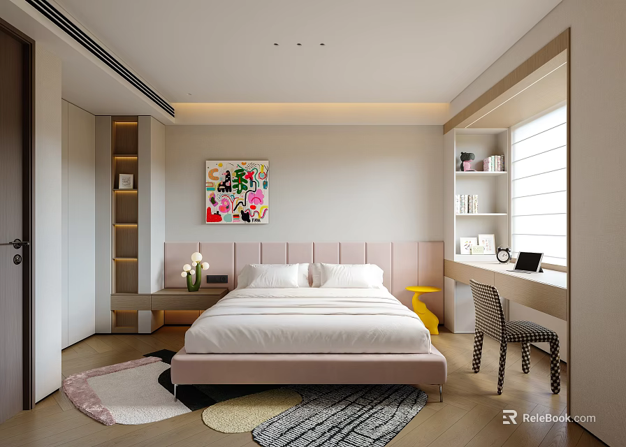 Bright Modern Kids Room Interior With Bed Study Desk And Colorful Rug 3d model 