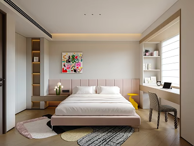 Bright Modern Kids Room Interior With Bed Study Desk And Colorful Rug 3d model