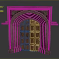 Arched Stone Entry Gate With Carved Wooden Door And Intricate Decorative Frame