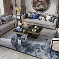 Modern Gray Sofa and Black Coffee Table Set With Blue Patterned Rug and Decorative Pillows 3d model