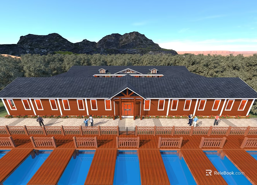 Red Guesthouse Building with Black Roof Wooden Boardwalk Blue Pools Surrounding Trees and Distant Mountains 3d model 